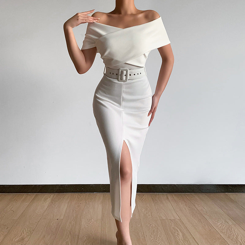 Elegant Graceful Commute Minimalist Young off-the-Shoulder Belt Dress with Vents