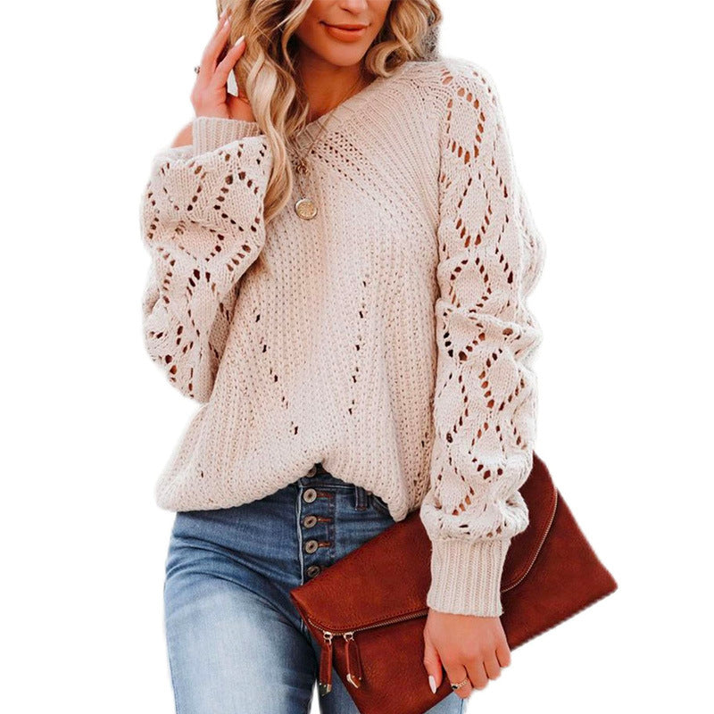 European and American Women's Clothing Hollow-out Diamond Lattice Pullover Sweater