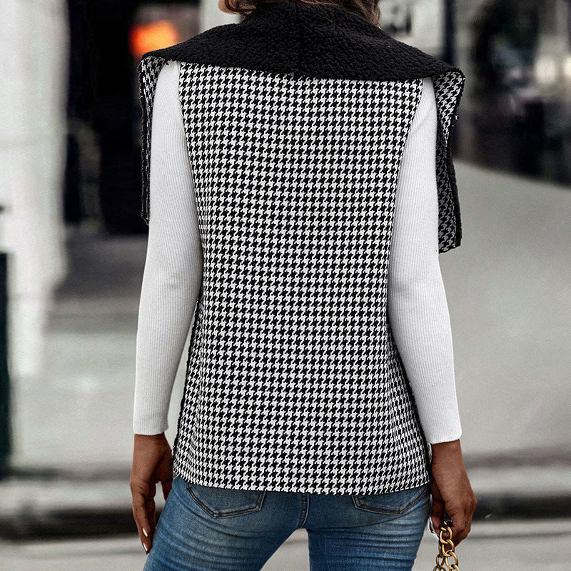 Elegant Lamb Wool Stitching Houndstooth Vest Coat