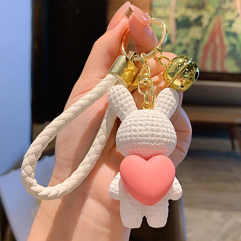 Creative Peach Heart Woven Rabbit Keychain Female Cute Couple Rabbit Schoolbag Pendant Car Key Chain Ornaments