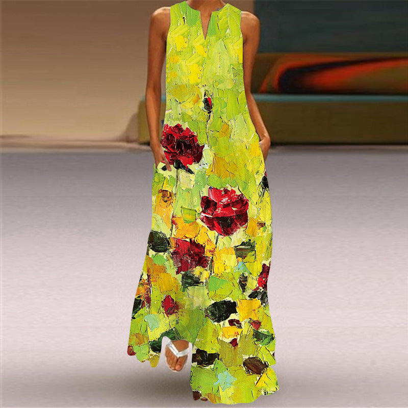 European and American Retro Printed Long Dress V-neck Multicolor Long Sexy Sleeveless Dress