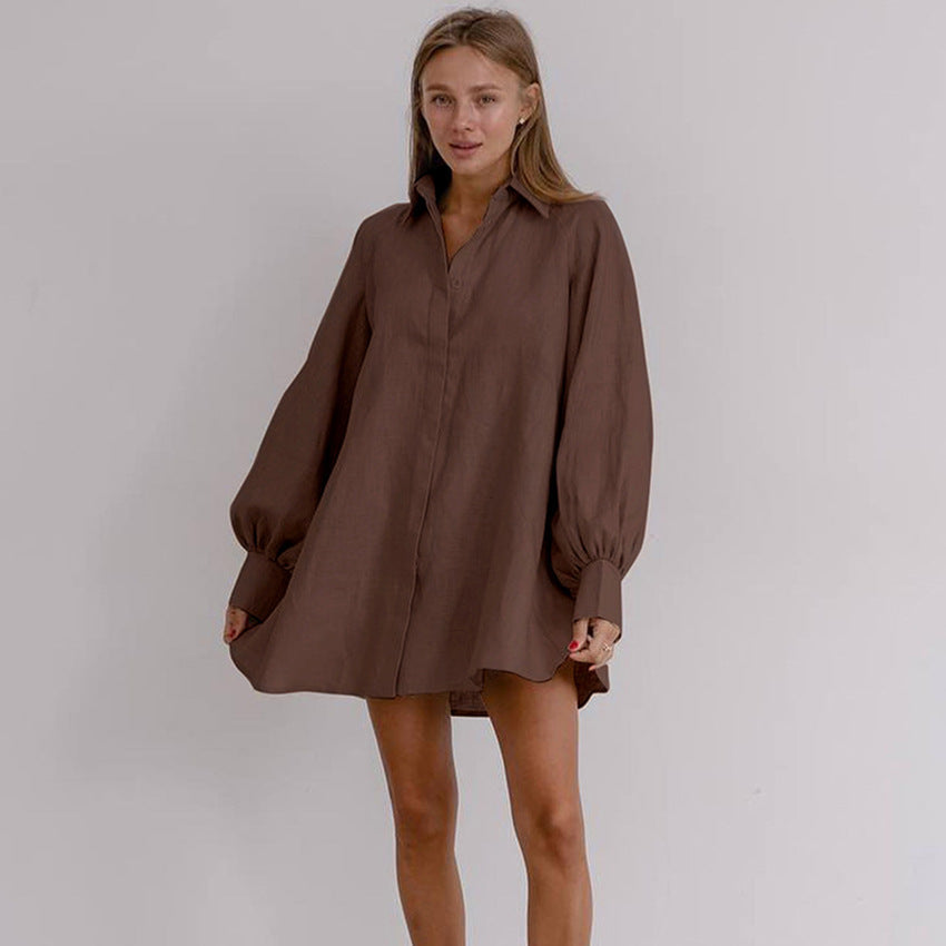 European and American Long Sleeve Short Dress Temperament Commute Shirt Dress Pure Cotton Niche Dress