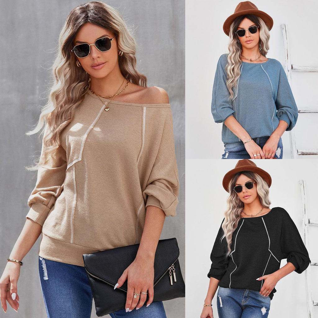 2022 Early Autumn New round Neck Loose Long Sleeves Pullover Bottoming Shirt Stitching T-shirt Top