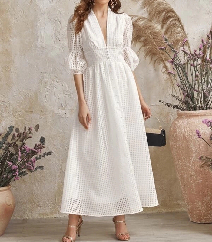 Dress Summer Elegant White Long Dress High Waist Tight Waist Plaid Dress