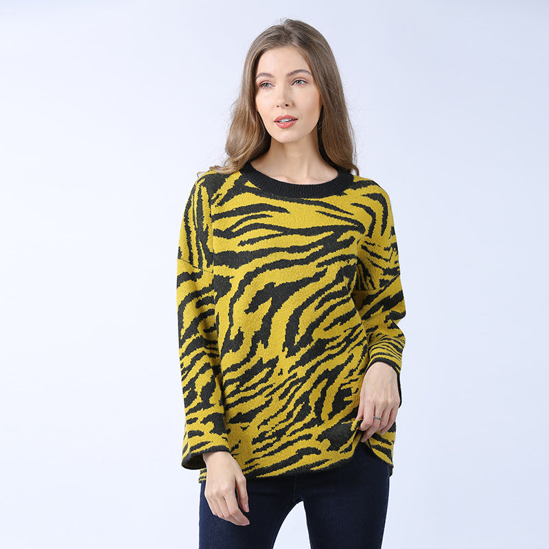 Zebra Print Sweater Women's Loose Outer Wear Idle Style round Neck Pullover Sweater Fashion