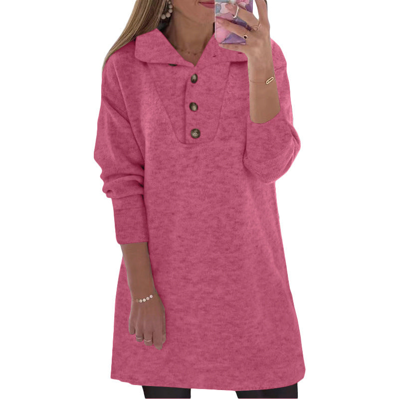 Women's Solid Color Polo Collar Button Long Sleeve Casual Dress for Women