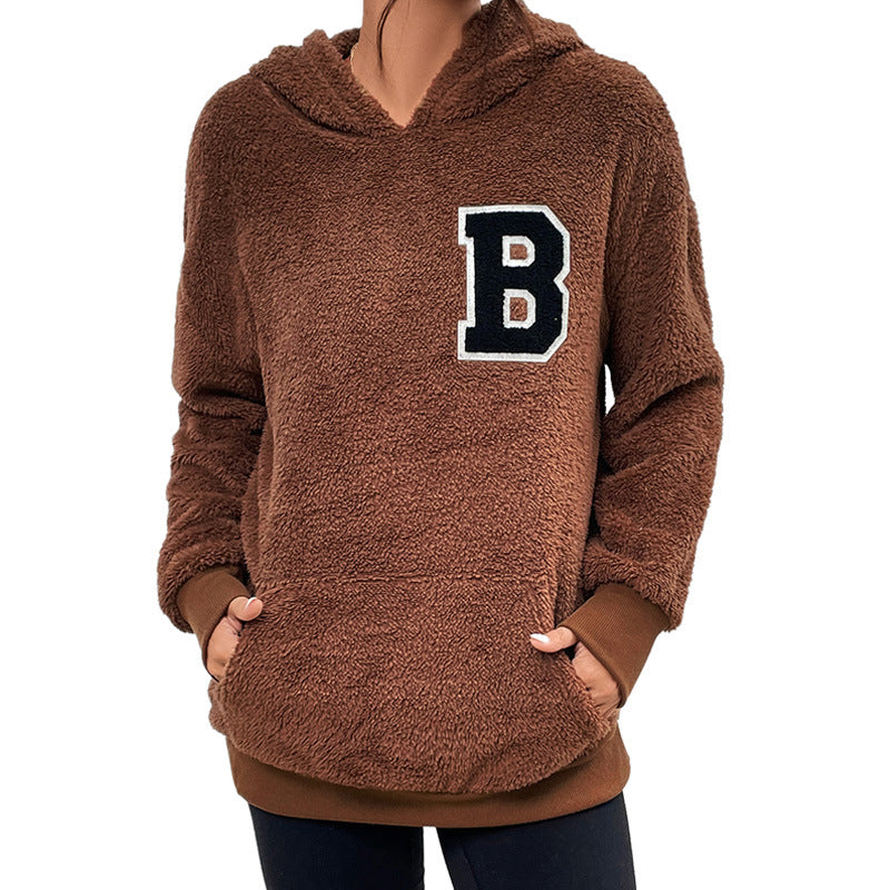 European and American Long Sleeve Hooded Solid Color Women's Letter Fleece Pullover