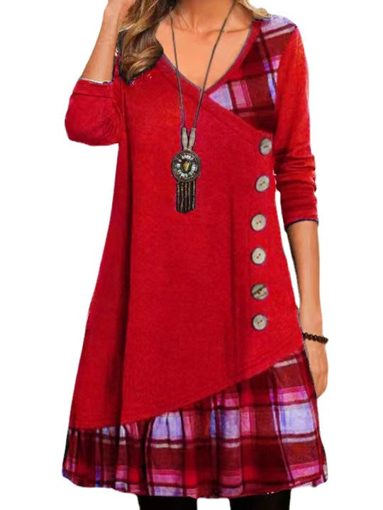 Casual Patchwork Button Long Sleeve Dress