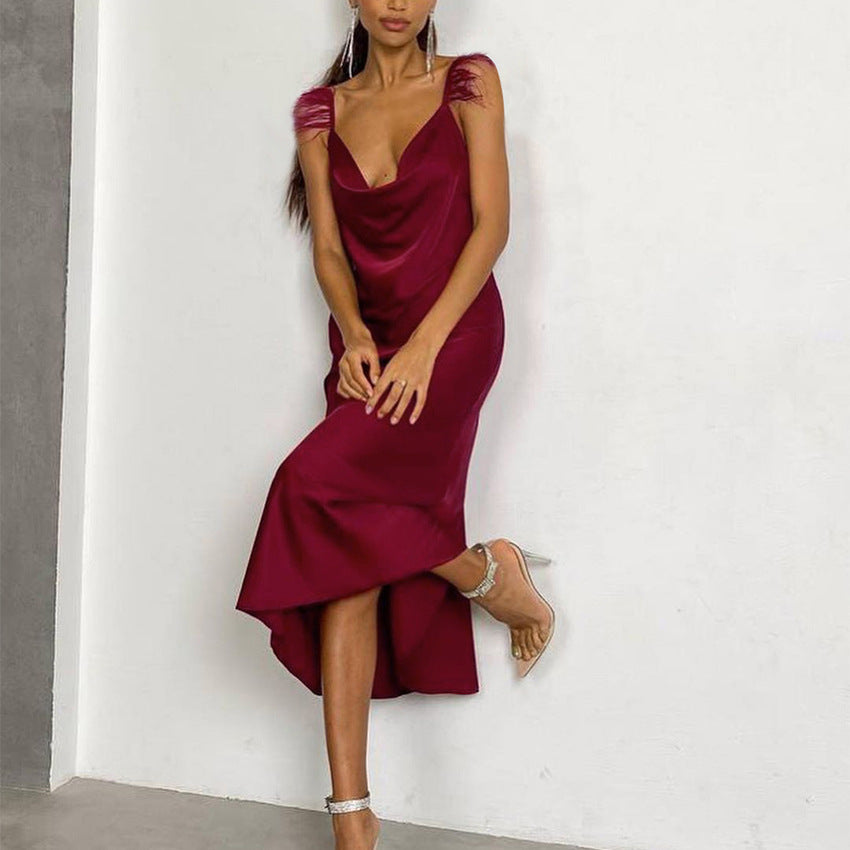 Suspender Dress Feather Plush New Year Red Dress Fashion French Style Design Dress
