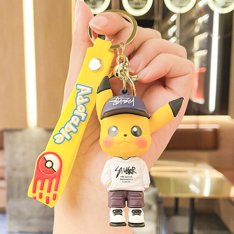 Cartoon Hooded Pikachu Keychain Cute Pendant Epoxy Three-Dimensional Doll Trendy Schoolbag Hanging Decoration Gift