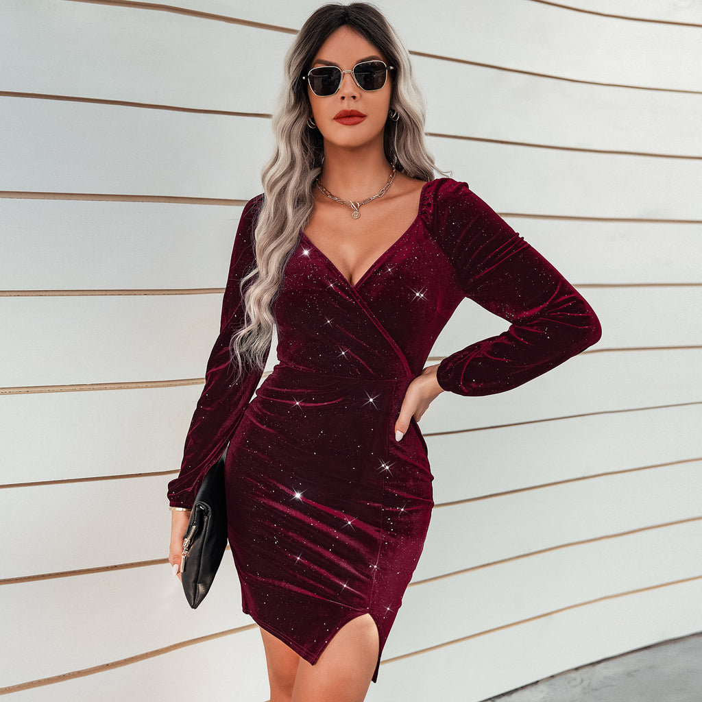 2022 Autumn and Winter New Sexy Hip Skirt European and American Women's Clothing Fashion V-neck Velvet Dress