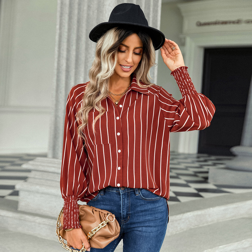 European and American Women's Clothing 2022 Early Autumn New Striped Top Women's Fashion Casual Loose-Fitting Versatile Blouse