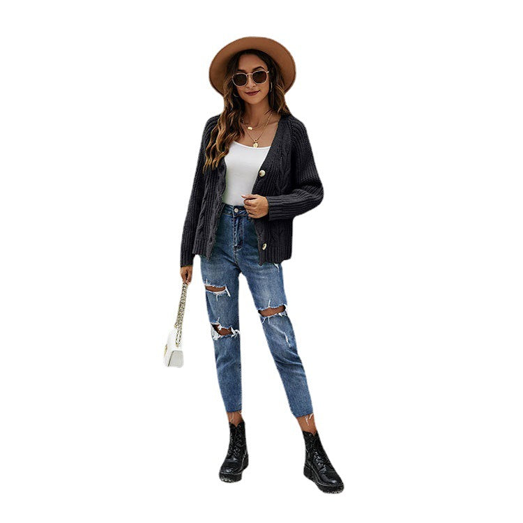 Women's Sweater Button Twist Decoration Oversized Knit V-neck Cardigan Coat