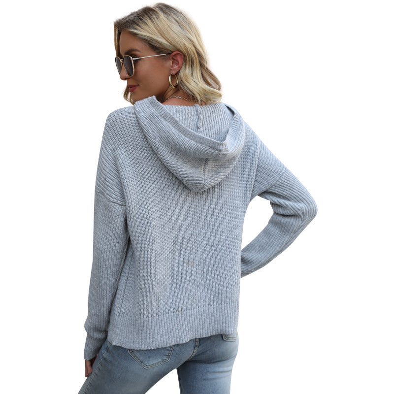 Autumn and Winter New Hooded Solid Color Knitwear Top Casual Loose Long Sleeve Pullover Sweater for Women