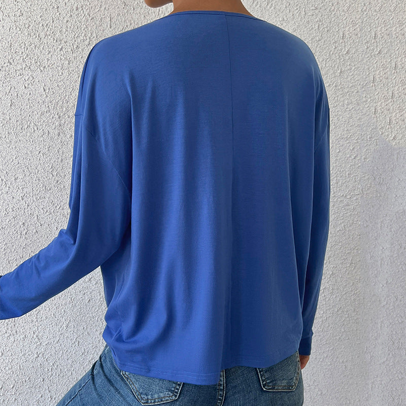 Women's V-neck Blue Top Irregular Loose Long Sleeves Cropped T-shirt