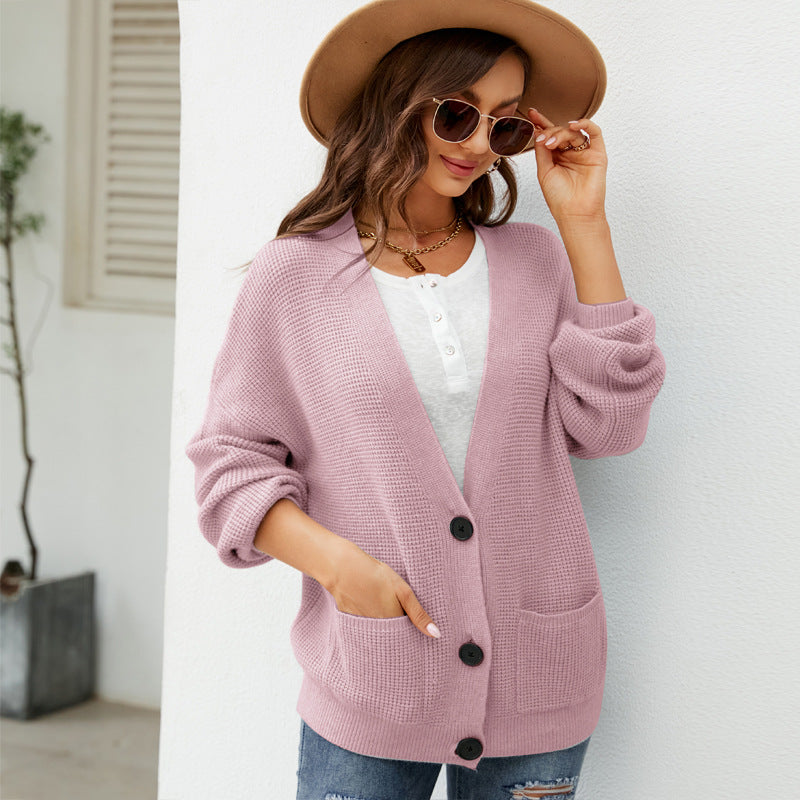 Casual Sweater Autumn and Winter Temperament V-neck Knitted Cardigan Solid Color Outerwear Versatile Sweater Coat