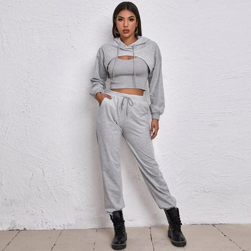 2022 Women's Spring Hoodie Loose Vest Sweatshirt and Sweatpants Sports Slow Running Three-Piece Suit