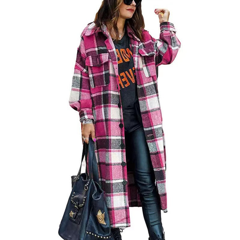 Long Sleeve Loose Button Plaid Shirt Woolen Coat Long