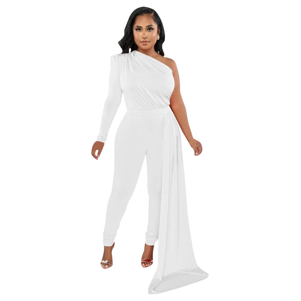 Women's Pleated Shoulder Pure Color Tight Jumpsuit