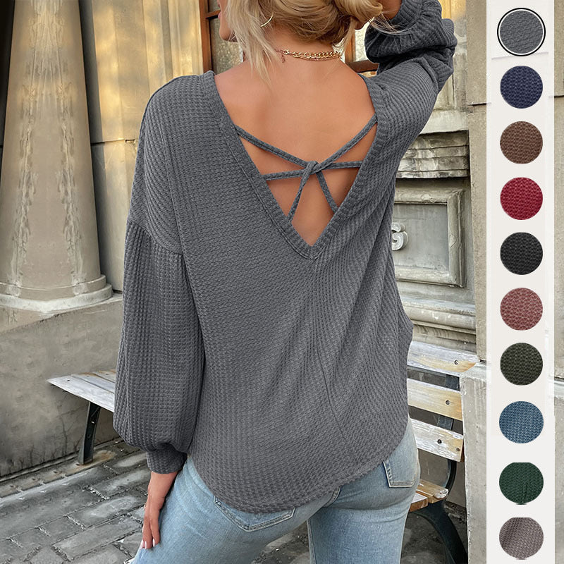 European and American Leisure Top Gray Long Sleeves Backless Hollow Sweater Women's Autumn