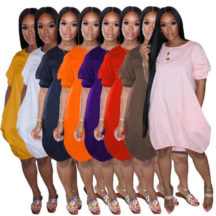 2022 plus size women's new solid color casual bubble skirt dress