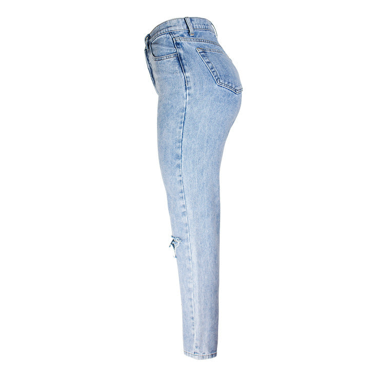 European and American Style Jeans Female Leisure Washed-out Hole High Waist Straight Pants