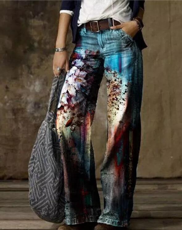 Wide-Leg Pants Straight Urban Casual Trousers No Belt High-Waisted Trousers