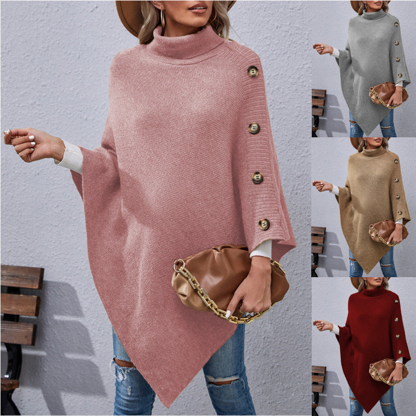 Button Turtleneck Irregular Sweater Shawl Cape Women