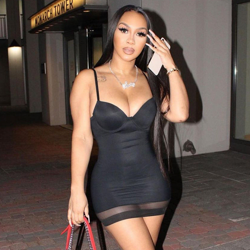 Women's fashion sexy breast shape stitching solid color V-neck suspender dress short skirt women