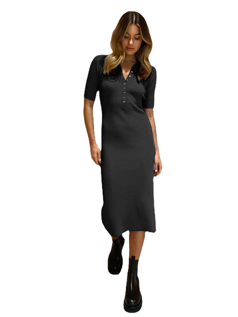 Fashion Women's Wear Button Lapel Mid-Sleeve Slim Thread High-Grade Dress