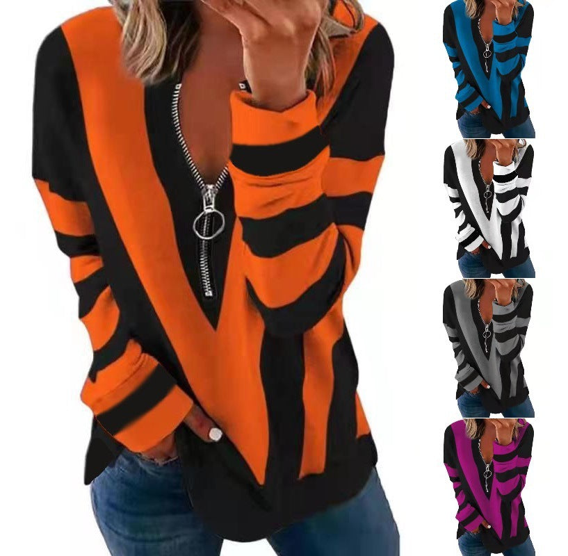 Amazon Amazon Temperament Chest Zipper V-Shaped Printed Long-Sleeved T-shirt in Stock