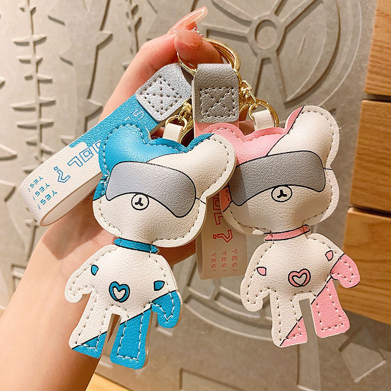 Creative PU Leather Glasses Bear Keychain Pendant Cute Bear Couple Cars and Bags Key Ring Pendants