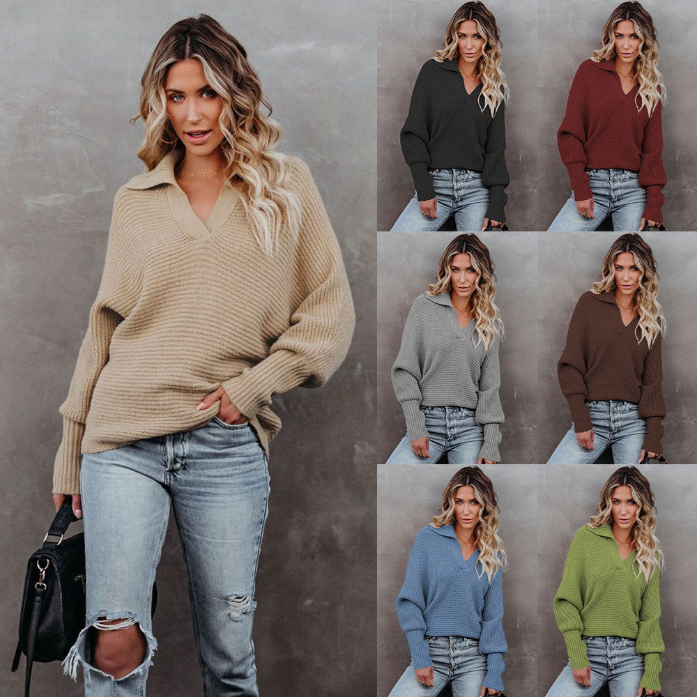 Bestseller Fashion Long Sleeve Solid Color Sweater Loose Pullover Lapel Sweater