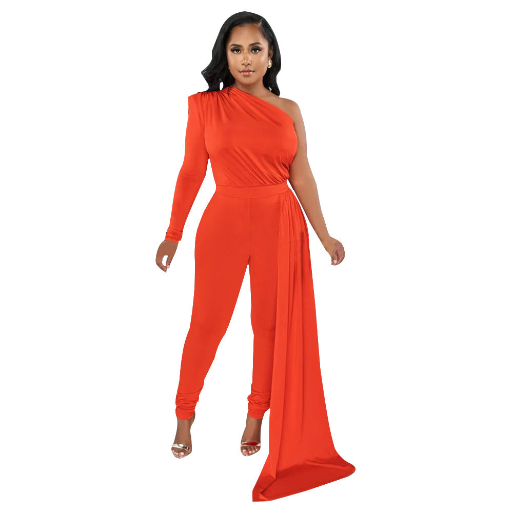 Women's Pleated Shoulder Pure Color Tight Jumpsuit