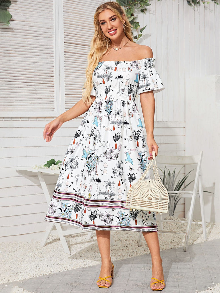 Off-Neck Slim Dress Printed Large Swing
