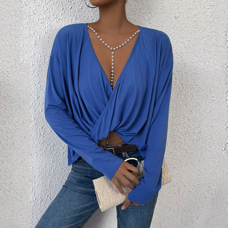 Women's V-neck Blue Top Irregular Loose Long Sleeves Cropped T-shirt