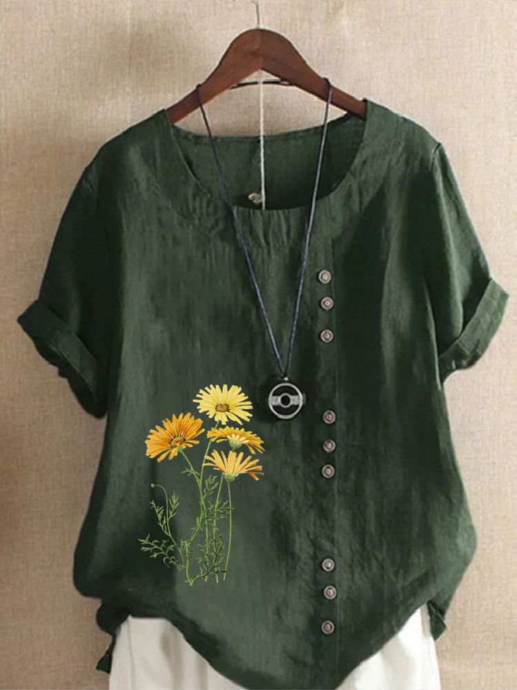 Cotton and Linen New Hot Flower Series Printed Loose round Neck T-shirt for Women