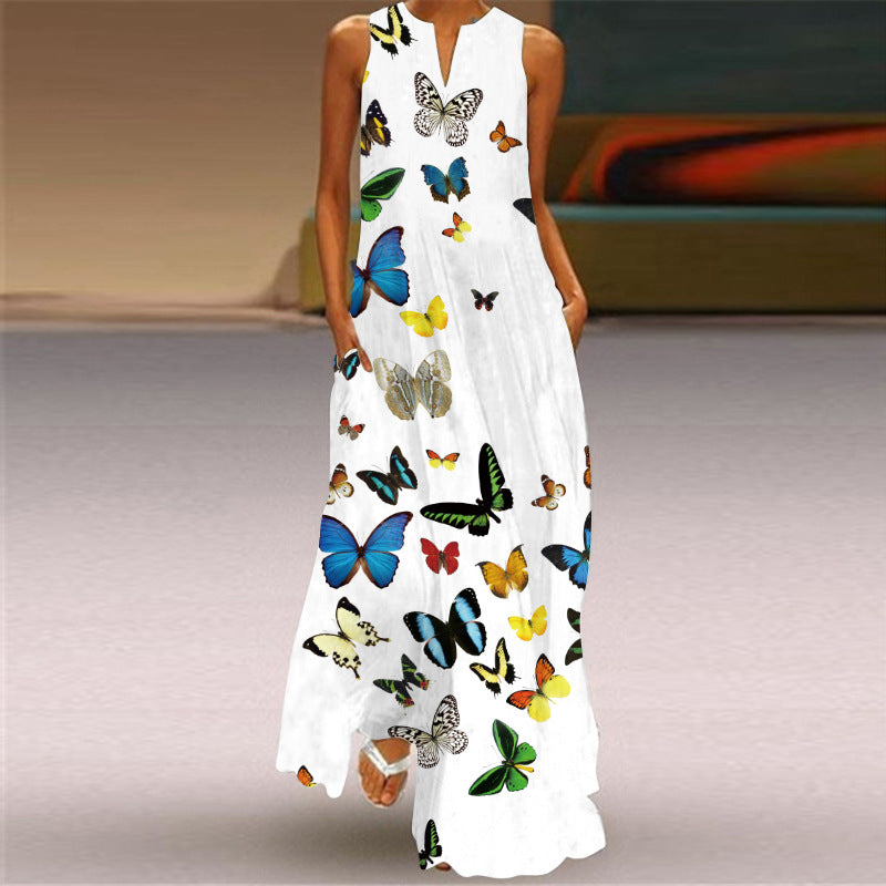 Sexy Digital Printed V-neck Sleeveless Dress Pocket European and American Style Dress