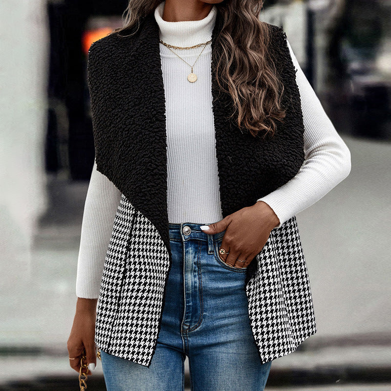 Elegant Lamb Wool Stitching Houndstooth Vest Coat