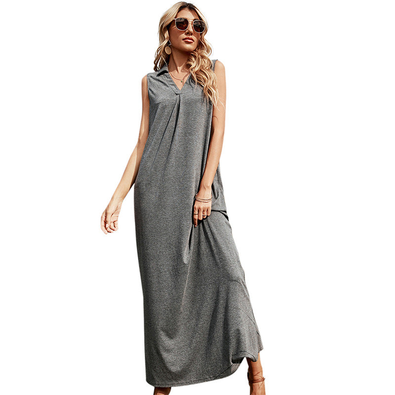 Casual Polo Collar Slim-Fit Long Foreign Trade Sleeveless Dress