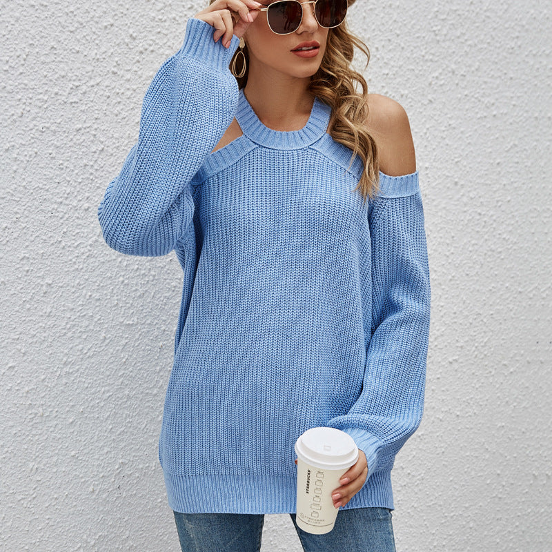 European and American Women's Clothing Sexy off-the-Shoulder Knitted Sweater round Neck Loose Long Sleeves Knitwear