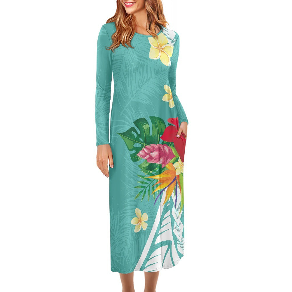 Hawaiian Print Dress Large Size Long Sleeve Round Neck Foreign Trade Women's Long Skirt