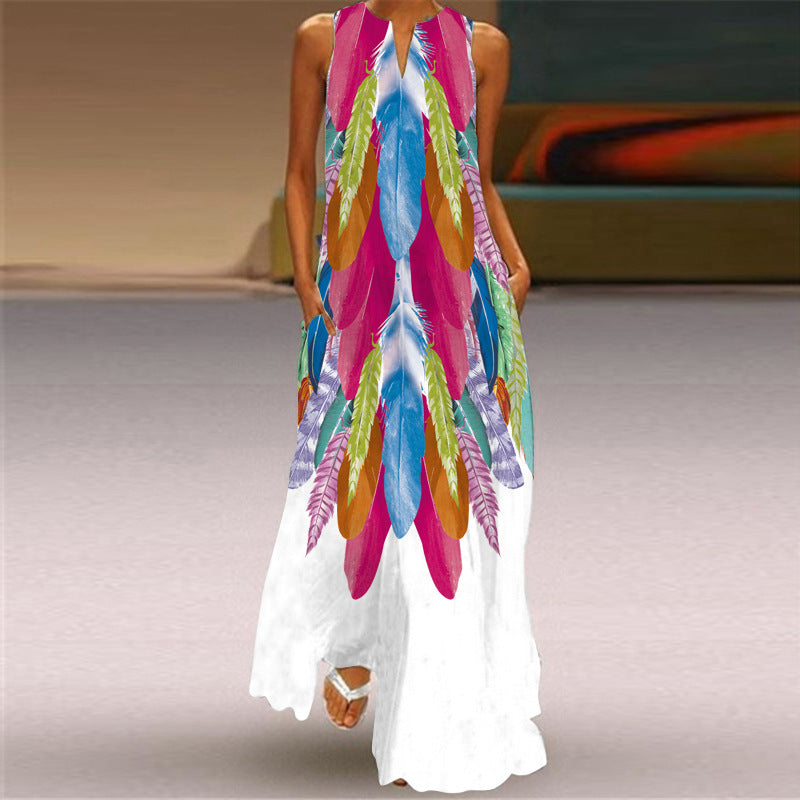 Fashion Sexy Digital Printed V-neck Sleeveless Maxi Dress Pocket European and American Style Dress