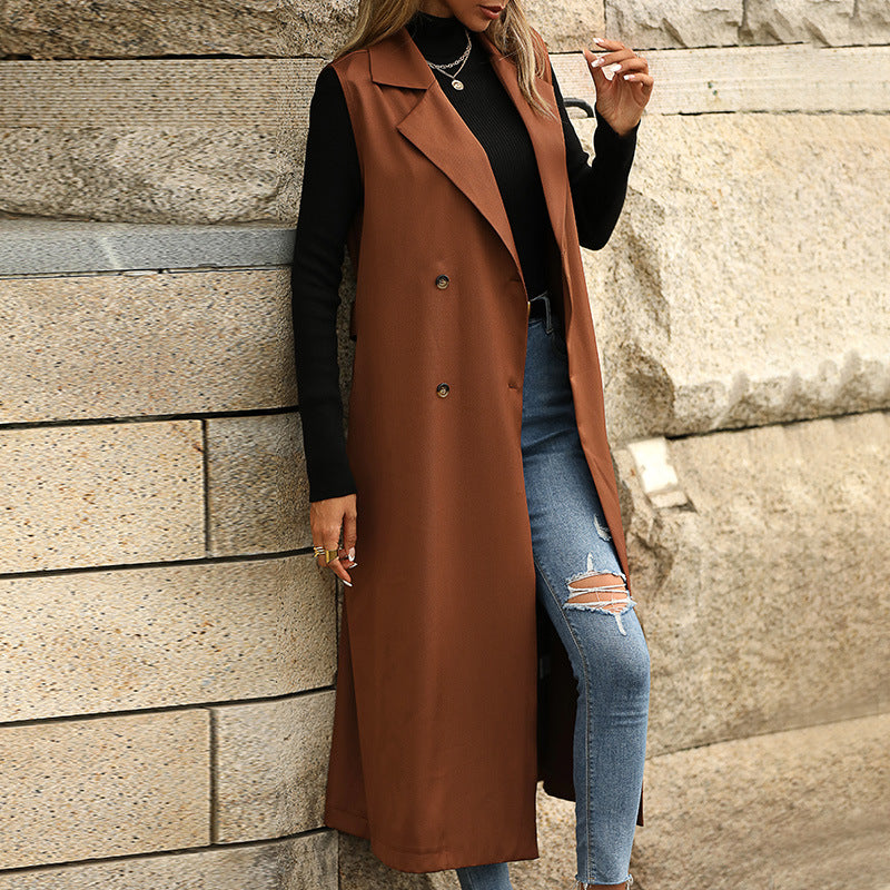 Fashion Polo Collar Sleeveless Solid Color Trench Coat Coat