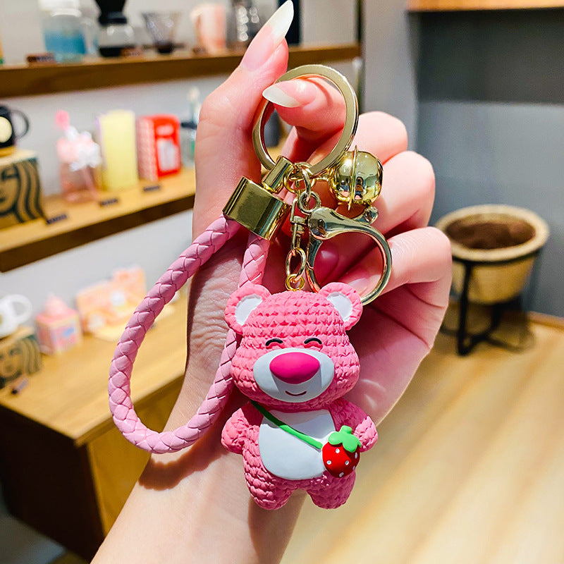 Cartoon Cute Resin Strawberry Bear Girl Heart Creative Car Key Ring Schoolbag Pendant Pair of Small Gifts