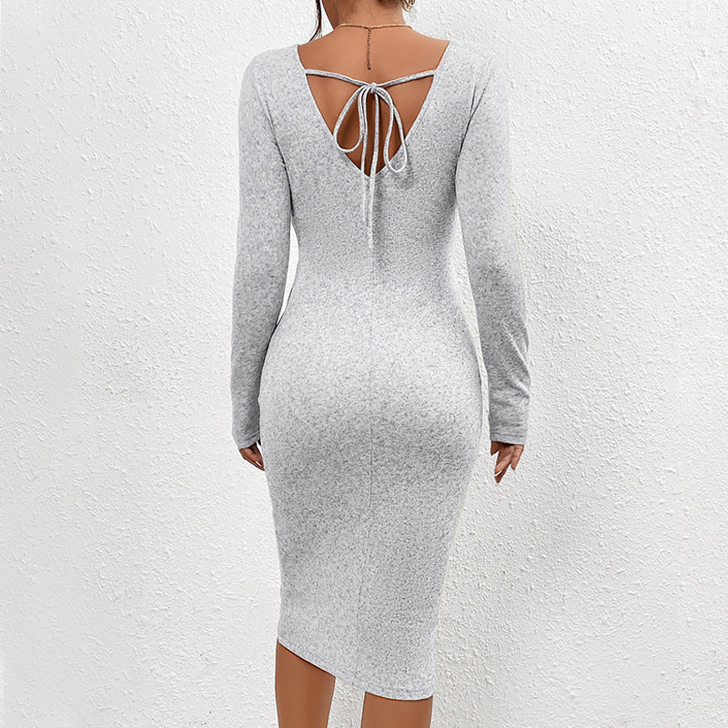 Autumn and Winter Drawstring Sexy Slit Sweater Knitted Dress Dress