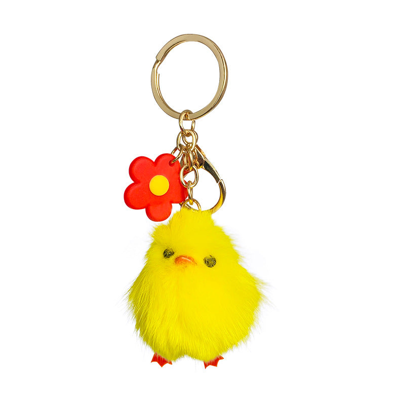 Cartoon Cute Plush Mink Fur Chicken Creative Car Keychain Schoolbag Pendant a Pair of Internet Celebrity Small Gifts