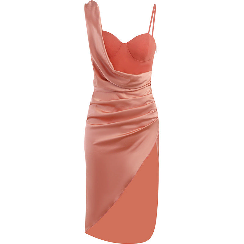 European and American Style Sexy Satin High Slit Strap Slimming Vacation Style Fashion Solid Color Slim Dress