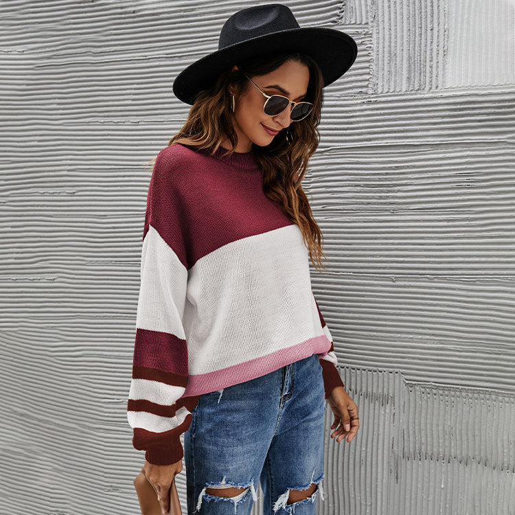 Women's Knitted Sweater Stylish Loose plus Size European and American round Neck Striped Pullover Sweater