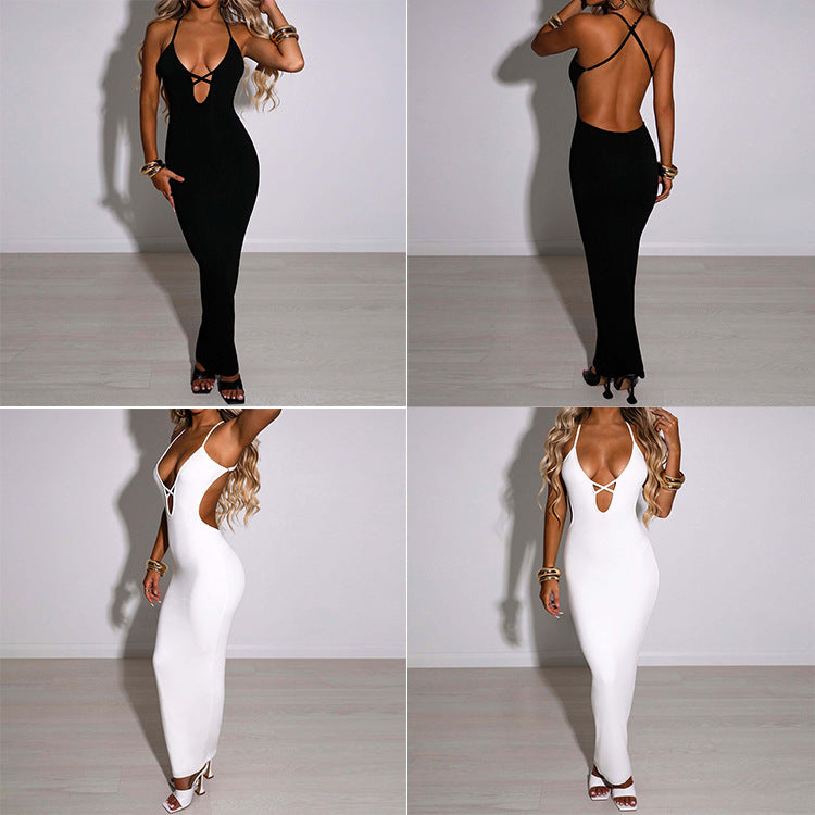 2022 popular cross-border European and American women's clothing summer straps sexy hip dress black